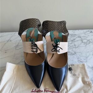Salvatore Ferragamo Black and Cream Heels